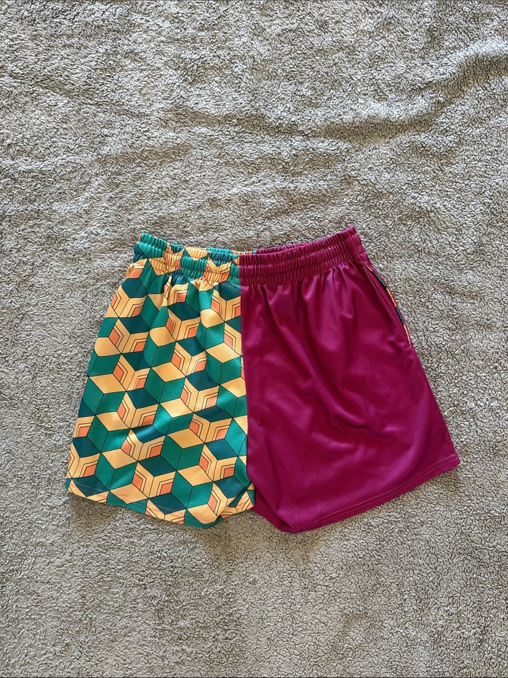 Boys Two-Tone Maroon and Teal Geometric Athletic Shorts - Picture 3 of 3